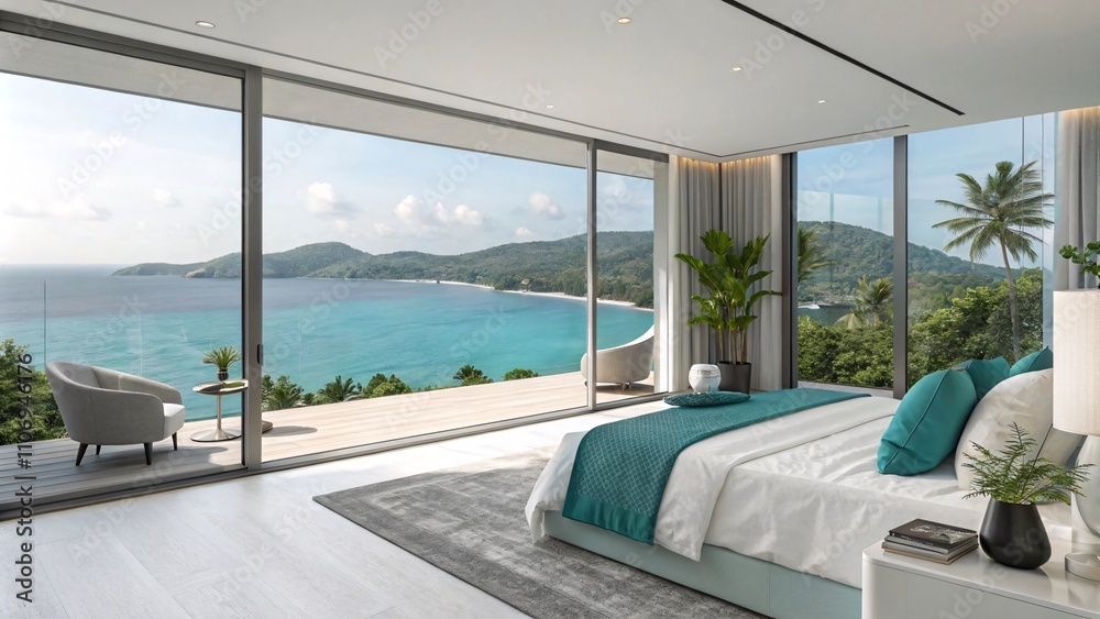 Fototapeta premium Luxury Bedroom with Ocean View and Modern Minimalist Design V7