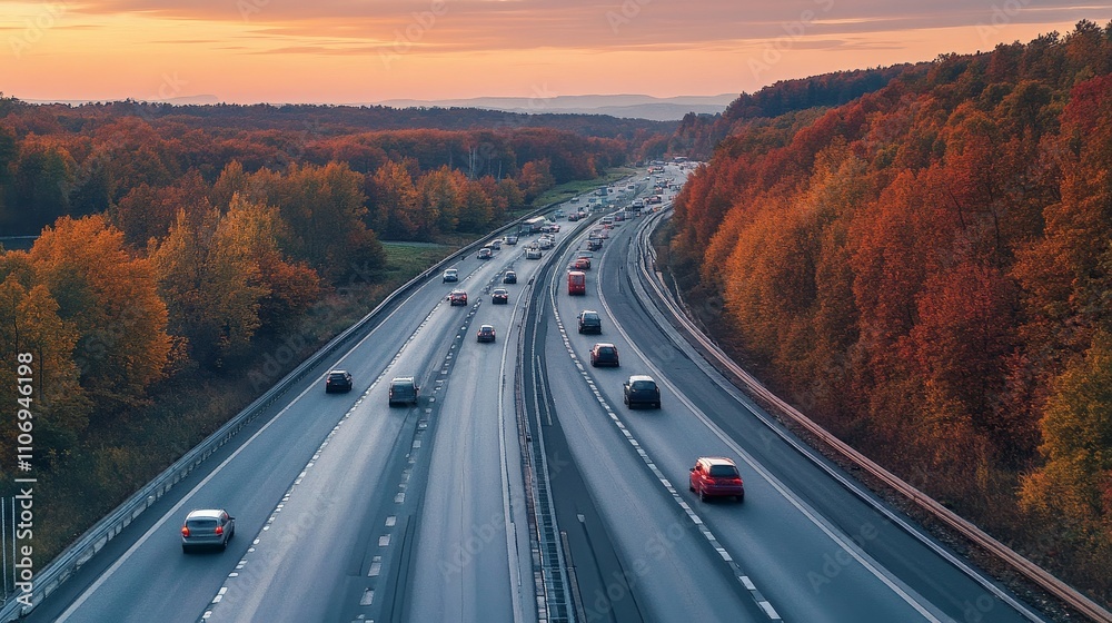 A multi-lane highway with cars driving through a forest at sunset