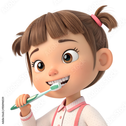 3d style, Close-up of a cute girl with two goatee hair brushing her teeth, showing her clean white teeth, isolated on a transparent background