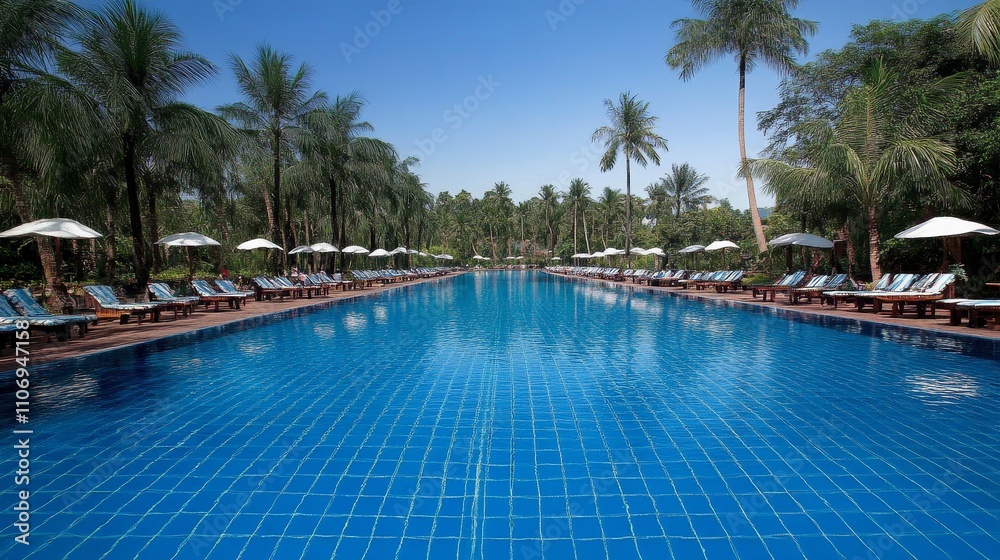 Tropical Resort Pool with Palm Trees and Loungers Tropical Resort Pool with Palm Trees and Loungers