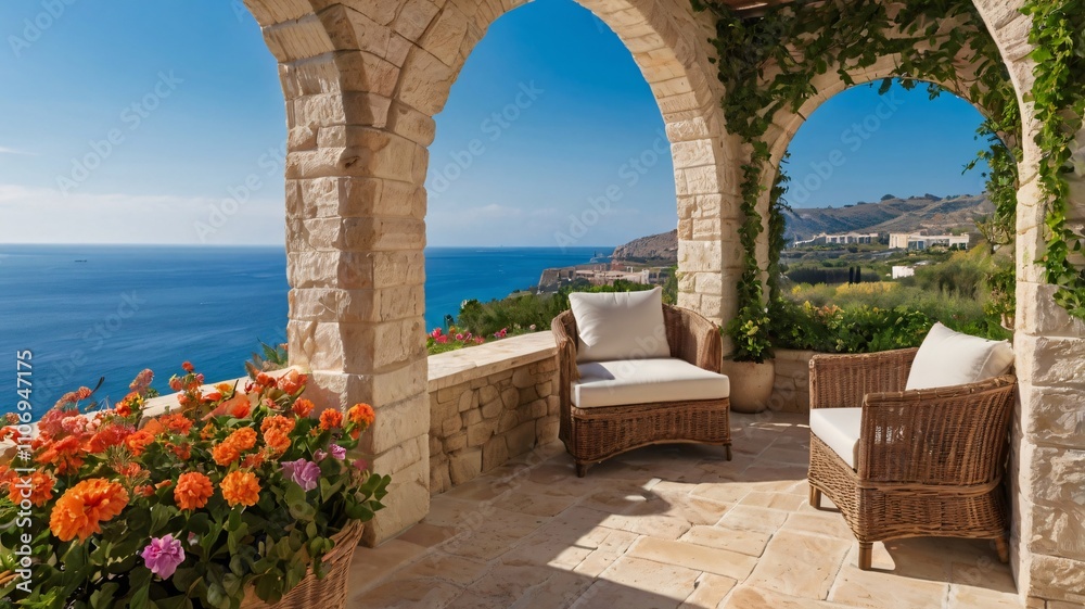 Fototapeta premium Mediterranean Terrace with Ocean View, Wicker Furniture, and Flowers V4