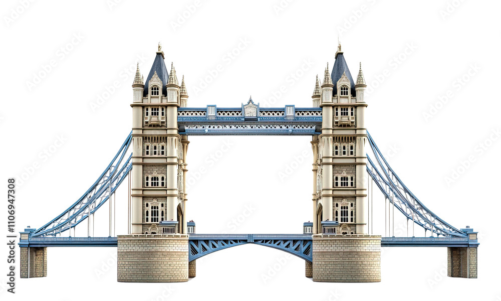 Fototapeta premium An iconic tower bridge, historical theme, detailed towers, bold blues and grays, isolated on white background