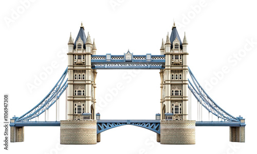 An iconic tower bridge, historical theme, detailed towers, bold blues and grays, isolated on white background