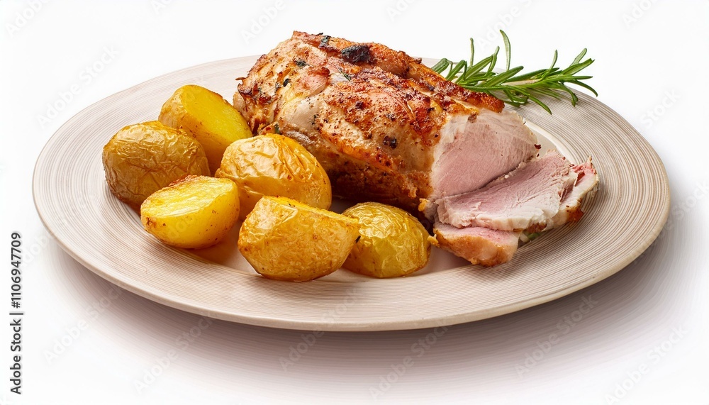 roast pork with potatoes on white background roast pork with potatoes on white background