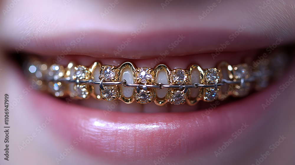 Close-up of Gold and Diamond-Encrusted Dental Braces Close-up of Gold and Diamond-Encrusted Dental Braces