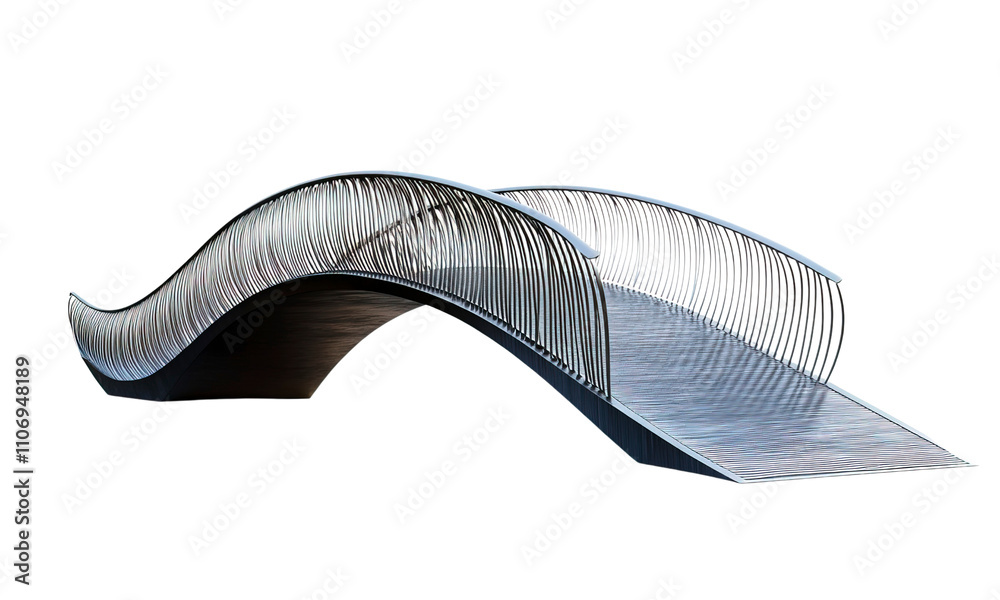 A curved pedestrian bridge, futuristic vibe, flowing lines, metallic finish, isolated on white background A curved pedestrian bridge, futuristic vibe, flowing lines, metallic finish, isolated on white background