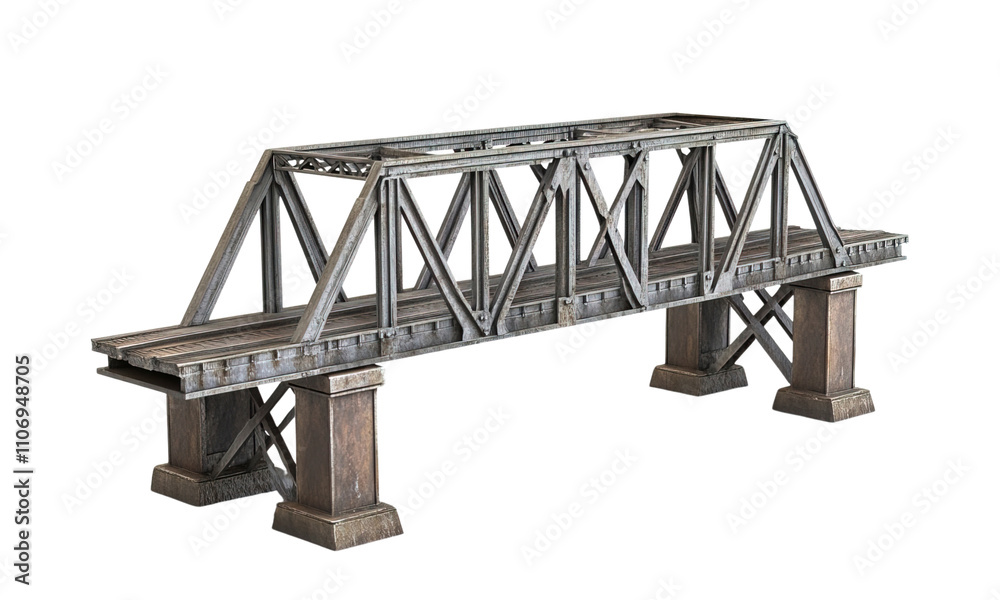 Obraz premium A railway bridge, functional design, intricate supports, realistic metal textures, isolated on white background