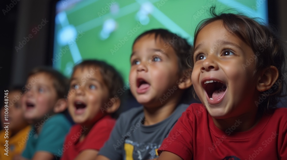Children joyfully watching a football match on TV, expressing excitement Children joyfully watching a football match on TV, expressing excitement