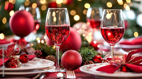 Photo of a Christmas table setting with wine glasses and plates, blurred background with lights and decorations