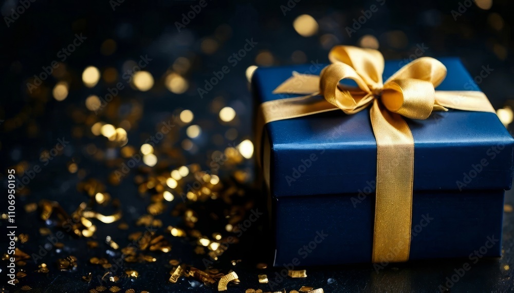 Elegant black gift box with a golden ribbon on a festive background with scattered golden stars and ribbons, perfect for luxury and celebration themes Elegant black gift box with a golden ribbon on a festive background with scattered golden stars and ribbons, perfect for luxury and celebration themes