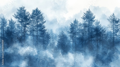 Hand-Painted Illustration of Winter Forest with Pine Trees and Snowfall