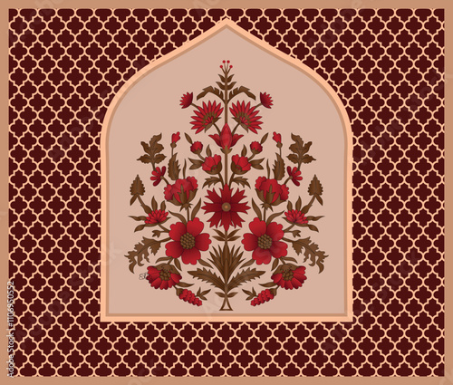 Mughal hand drawn Mughal wall paintings,Mughal colorful decorative plant illustration for wall painting, Mughal vector background.