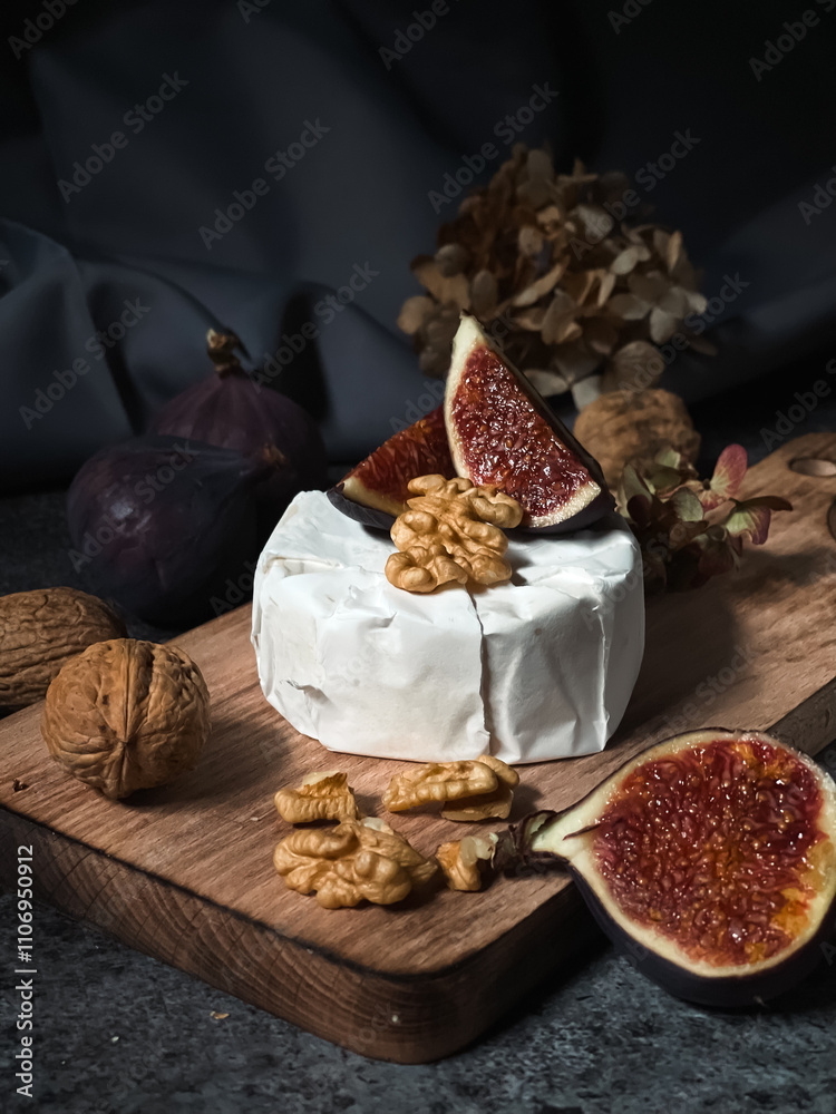Cheese with figs, grapes and blackberries on wooden table Cheese with figs, grapes and blackberries on wooden table
