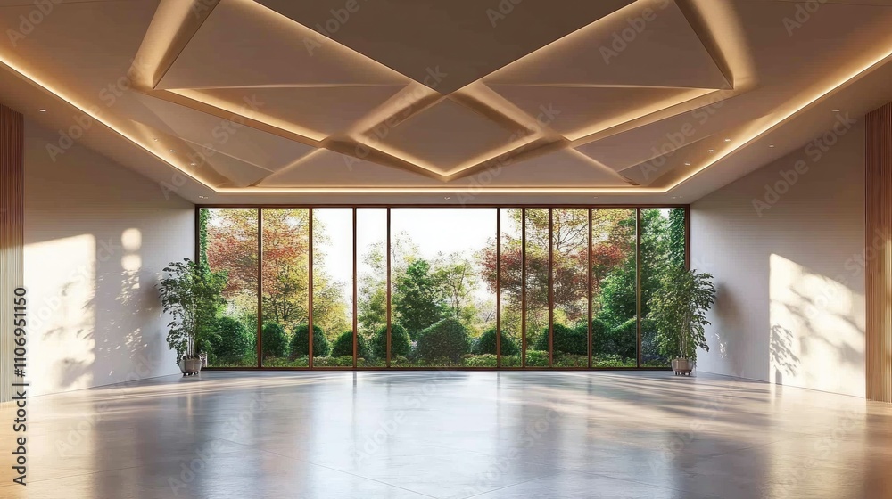 Modern Room Design with Geometric Ceiling and Panoramic View Modern Room Design with Geometric Ceiling and Panoramic View