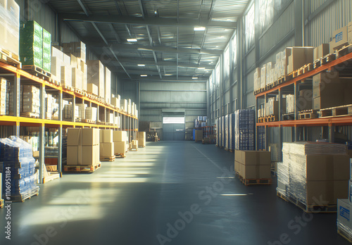 An empty warehouse with high shelves and boxes on the sides.