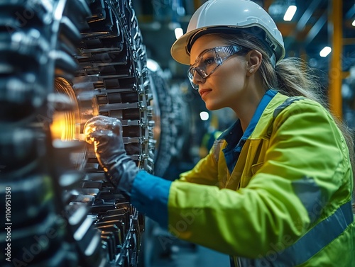 A focused female engineer inspects a large machine component, wearing safety gear in an industrial setting.