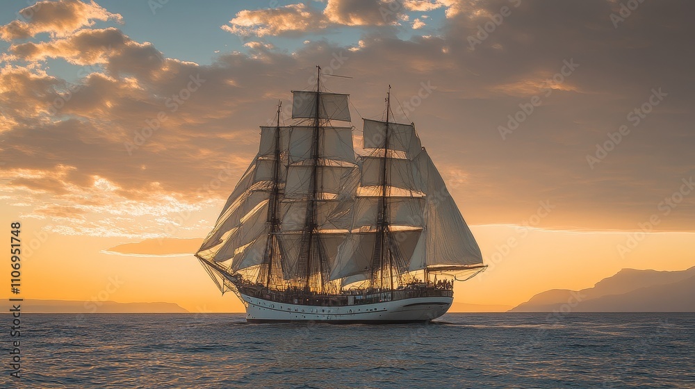Fototapeta premium A Tall Ship Sailing into a Dramatic Sunset Over the Ocean