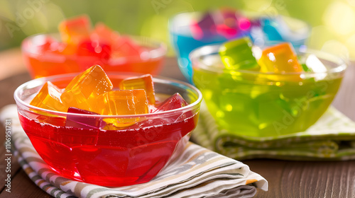 Colorful fruit jello cups with orange slices in glass bowls, summer dessert