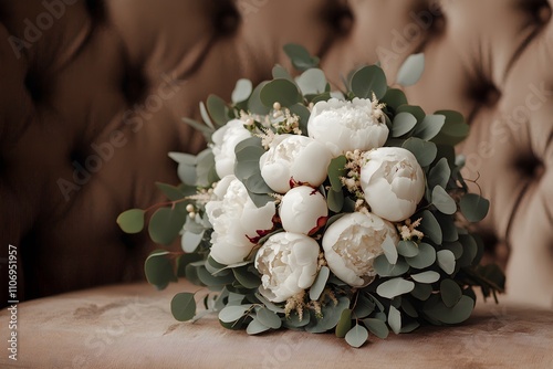 Floral Romantic Vibes Concept, Elegant White Peony Flower Bouquet with Greenery on Plush Upholstered Background