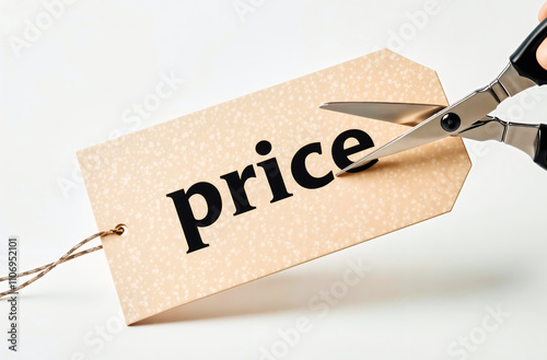 Hand cutting a price tag with scissors on a light background. Concept of price reduction, discount, or cost-saving strategies