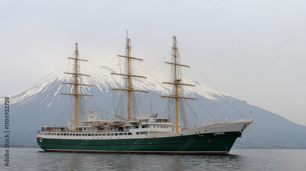 A Green-Hulled Tall Ship Sails Past a Snowy Mountain in the Distance A Green-Hulled Tall Ship Sails Past a Snowy Mountain in the Distance