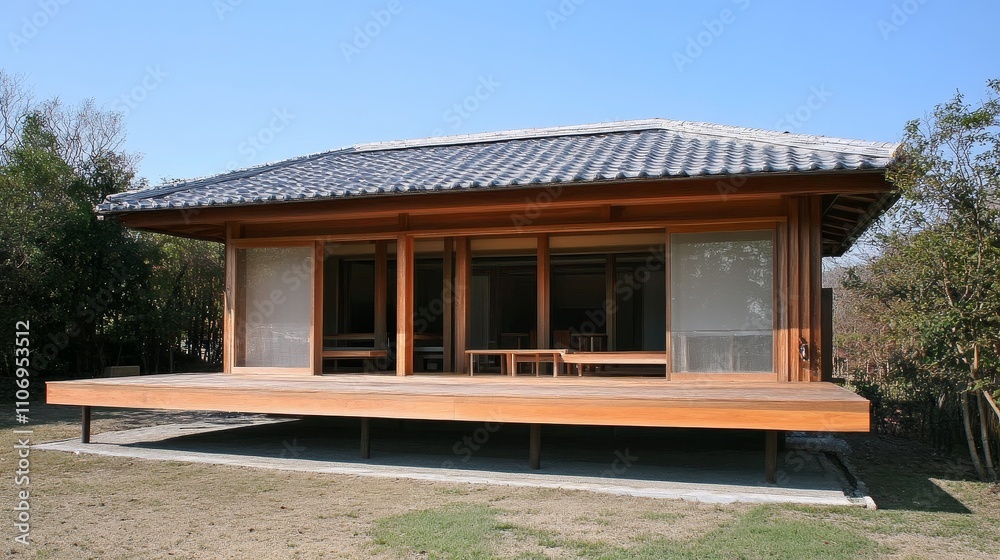 Traditional Japanese Wooden House with a Large Deck Traditional Japanese Wooden House with a Large Deck