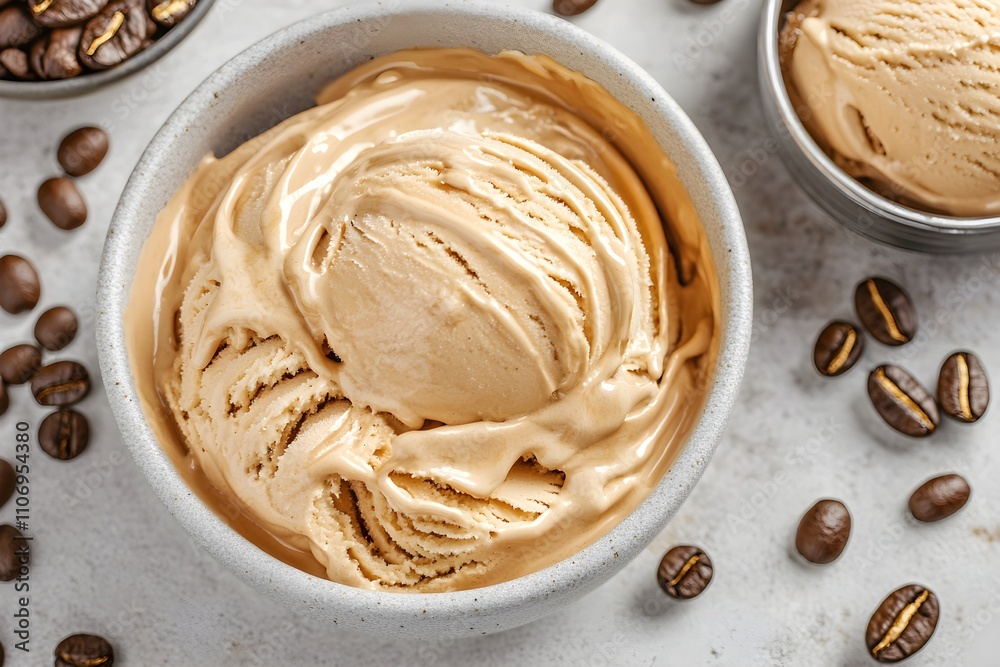 Creamy espresso ice cream in a bowl surrounded by coffee beans on a light textured surface Creamy espresso ice cream in a bowl surrounded by coffee beans on a light textured surface