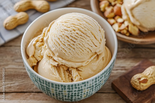 Creamy Peanut Butter Ice Cream with Swirls in a Bowl Surrounded by Nuts and Soft Textures photo