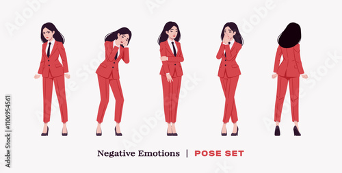 Ambitious businesswoman, confident business lady in red smart chic corporate pant suit, negative set. Beautiful active mentor coach, brunette female leader, professional manager. Vector illustration