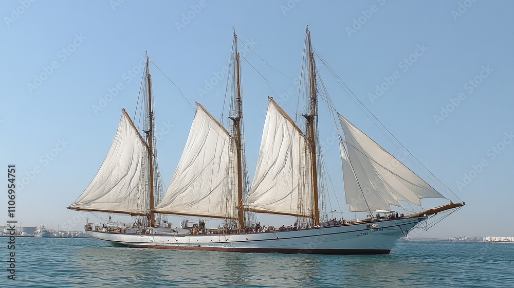 A Tall Ship Sailing on Calm Waters with White Sails A Tall Ship Sailing on Calm Waters with White Sails