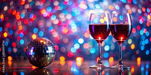 Celebration sparkle two glasses of red wine and disco ball against a vibrant bokeh background