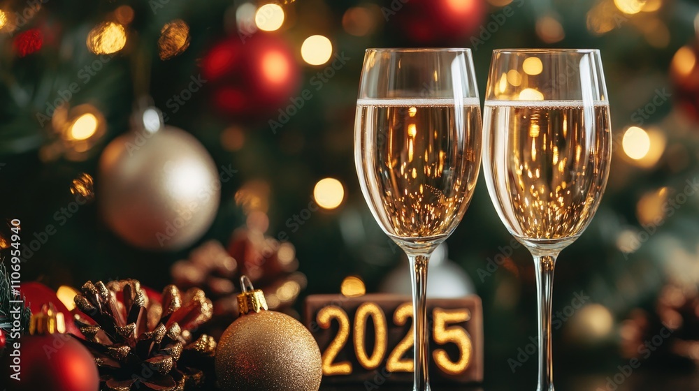 2025 New Year Celebration - Champagne And Clock For Countdown - Toast Cheering With Abstract Defocused Background 2025 New Year Celebration - Champagne And Clock For Countdown - Toast Cheering With Abstract Defocused Background