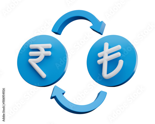 3d White Indian Rupee And Turkish Lira Symbol On Blue Icon With Money Exchange Arrow 3d illustration 