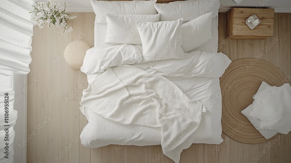 Serene Bedroom with White Linen Bedding and Natural Light Creating a Peaceful Atmosphere Serene Bedroom with White Linen Bedding and Natural Light Creating a Peaceful Atmosphere
