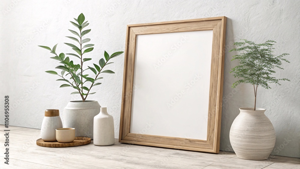 Fototapeta premium Minimalist Neutral-Toned Interior with Wooden Frame and Vases V5