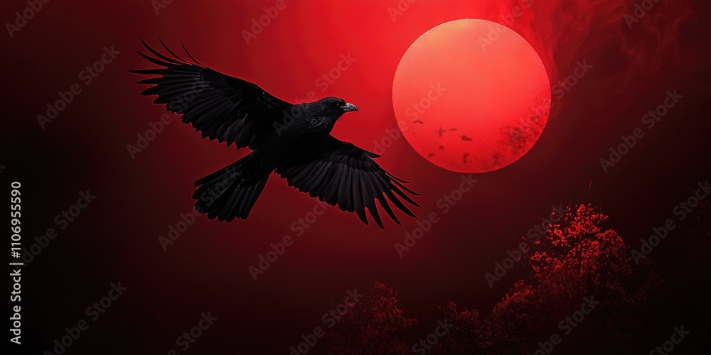 Fototapeta premium Black crow flying over a red sun. The image has a dark and mysterious mood. The red sun and the black crow create a sense of danger and intrigue