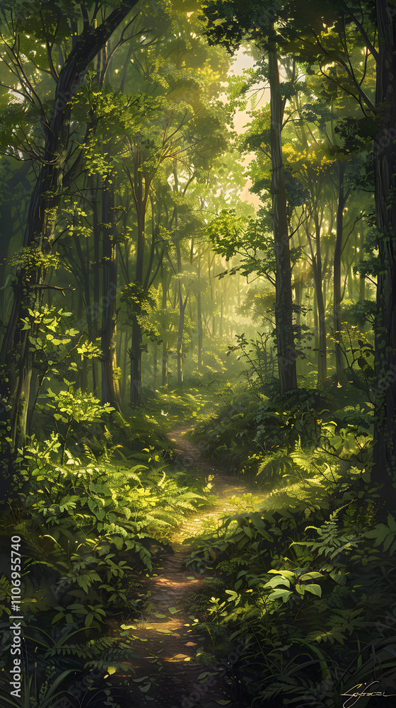Golden Hour in the Forest: Serene Landscape Featuring Lush Greenery and a Meandering Pathway