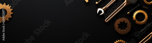 Collection of golden tools and gears on sleek black background, ideal for industrial and engineering themes. photo