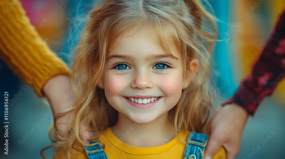 Adorable Girl Smiles Brightly, Happy Child's Portrait,  Sweet Expression, Golden Hair, Captivating Gaze