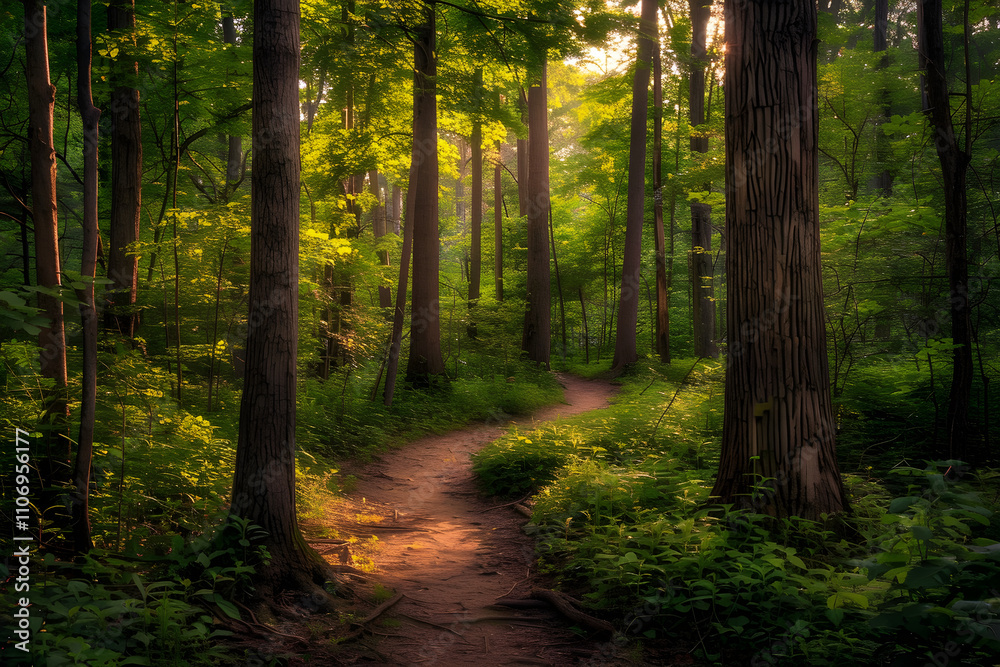 Naklejka premium Golden Hour in the Forest: Serene Landscape Featuring Lush Greenery and a Meandering Pathway