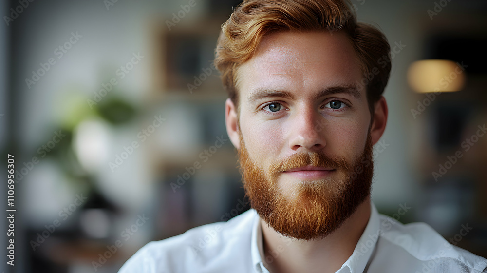 Obraz premium Portrait of a Man with Red Hair and Beard, A Serene Expression in a Modern Setting