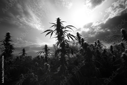 Black and white photo of a field of marijuana plants. The sky is cloudy and the sun is setting