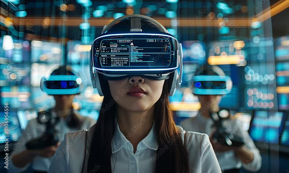 Woman in VR headset with virtual reality experience in a futuristic workplace with data screens and technology in background. Woman in VR headset with virtual reality experience in a futuristic workplace with data screens and technology in background.