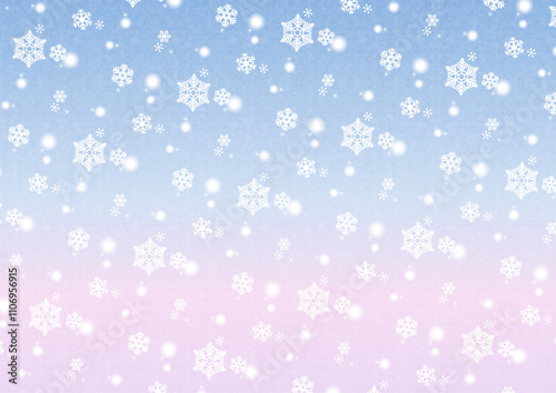 Seamless pattern of white snowflakes, light blue and pink gradient. Vector illustration