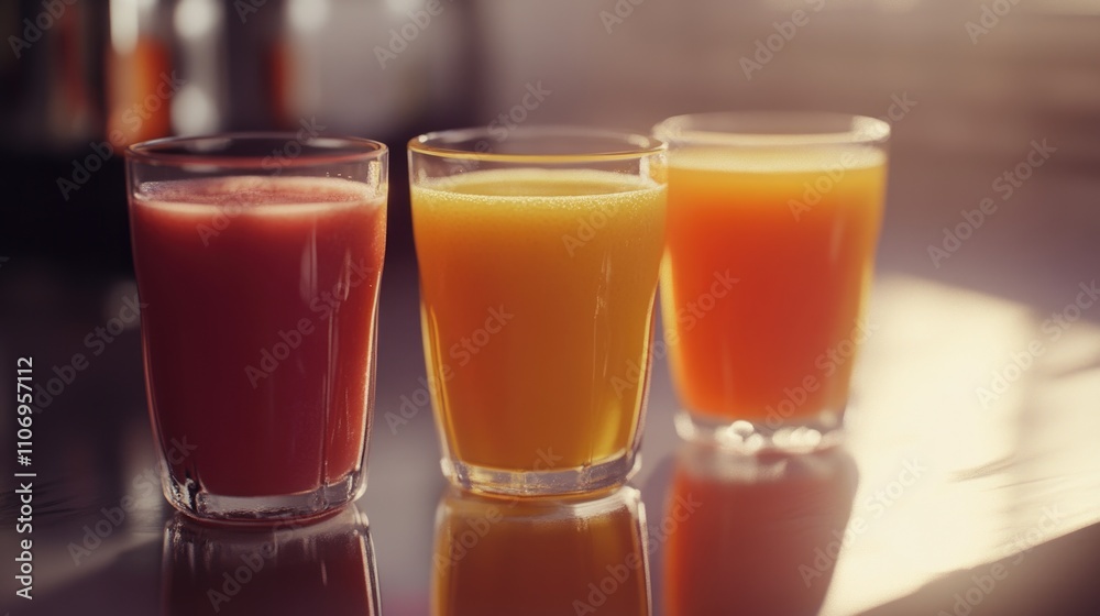 Three glasses of juice are on a table, with one being red, one being orange, and one being yellow Three glasses of juice are on a table, with one being red, one being orange, and one being yellow