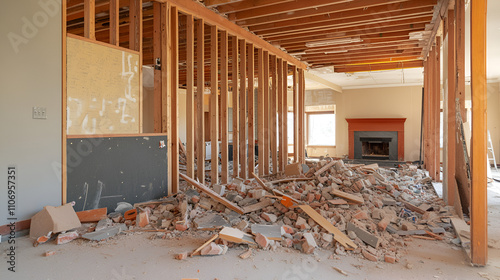 Demolition phase in home renovation with exposed studs and debris. Structural changes