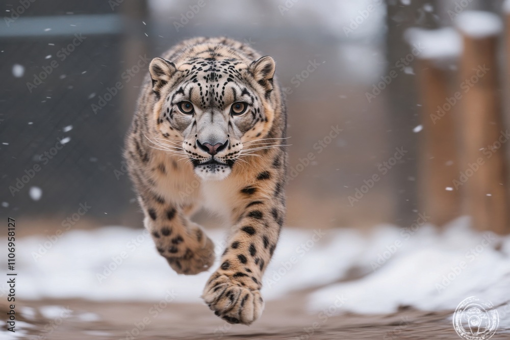 Obraz premium Snow leopard running towards observer during snowfall