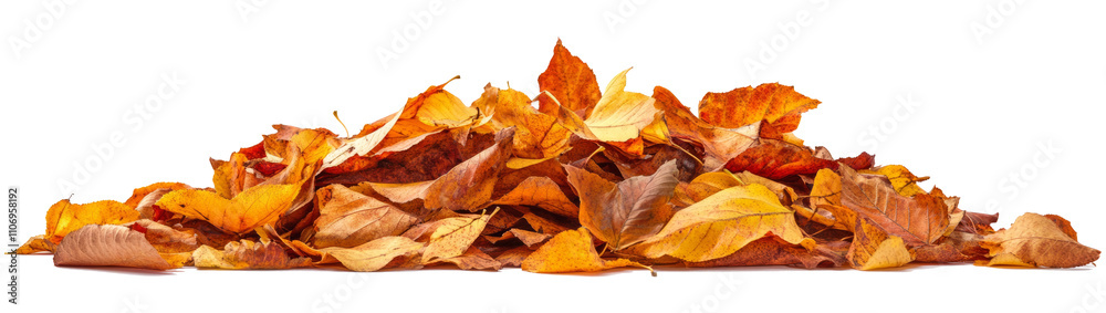 Pile of autumn-colored leaves isolated on white background	