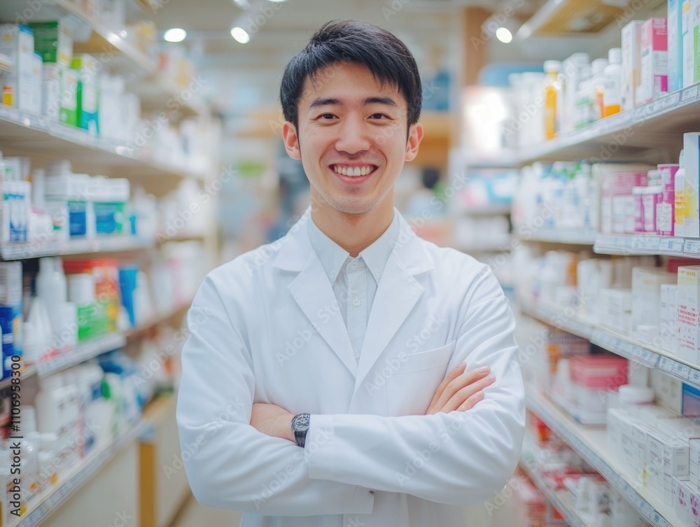 Smiling man in a white lab coat stands in a pharmacy. He is posing for a picture in front of a shelf of medicine Smiling man in a white lab coat stands in a pharmacy. He is posing for a picture in front of a shelf of medicine