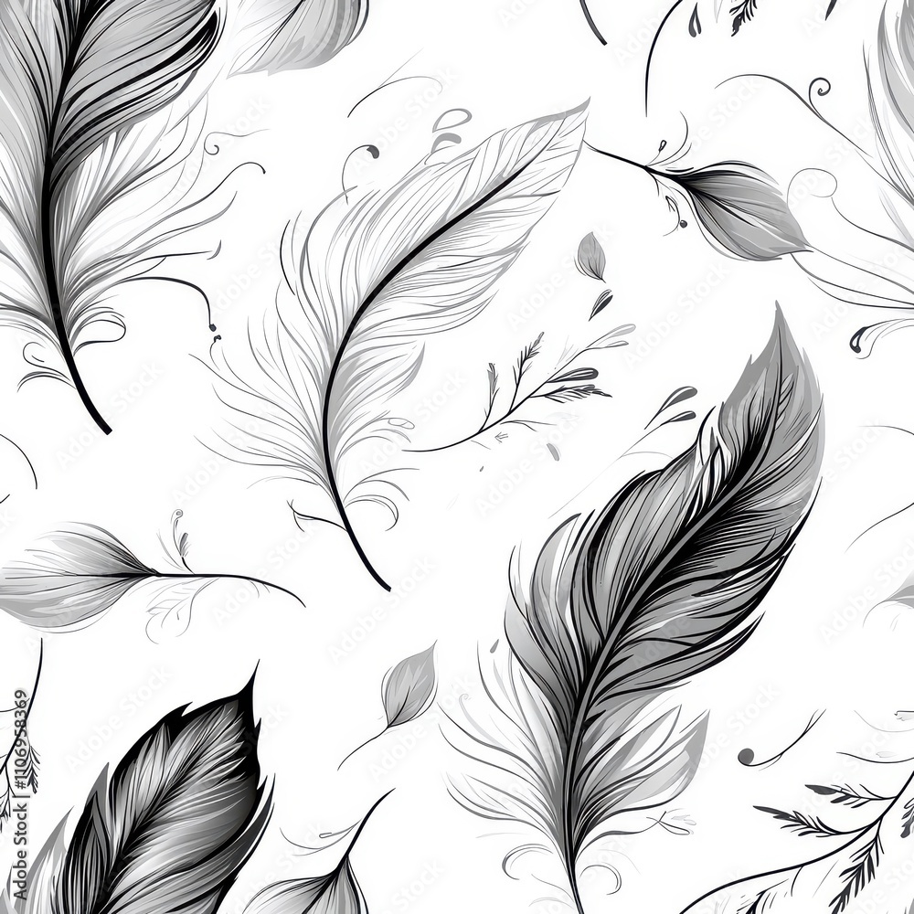 Obraz premium Flat seamless feather pattern, simple shapes, isolated on white, smooth and clean design